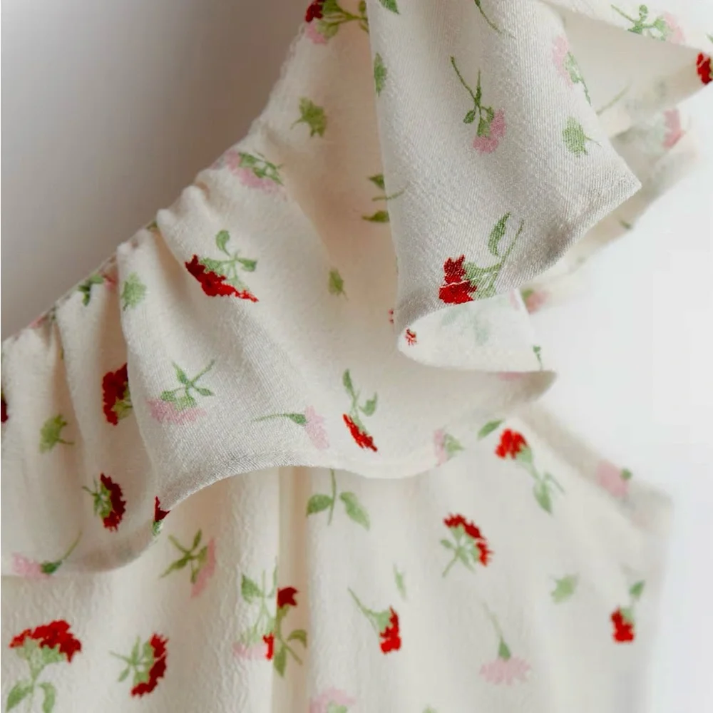 H&M White Blouse with Red‎ and Green Floral Design